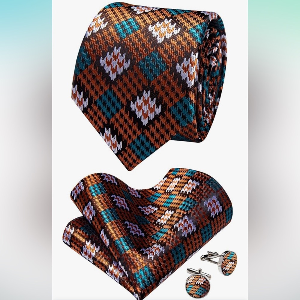SILK TIE SET: MENS 5pc Orange Plaid Tie, Pocket Square, Cufflinks, Lapel Pin NWT - Picture 2 of 6